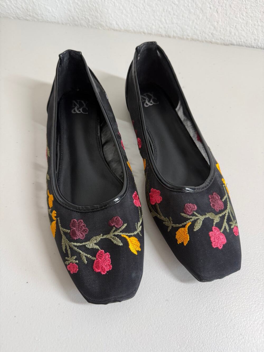 NY&C Floral Embroidered Mesh Ballet Flat Shoe Womens Size 11 Black